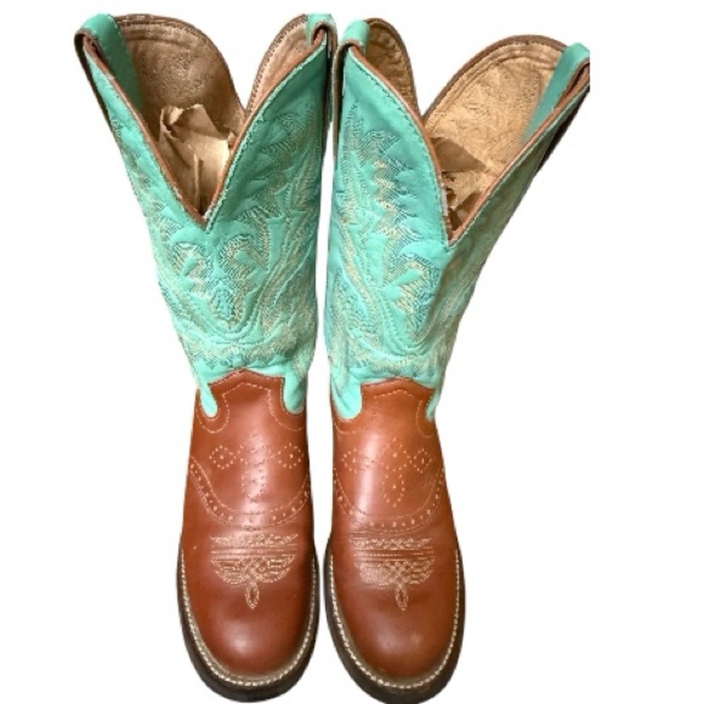 Justin Women’s Shay Turquoise and Brown Western Leather Cowboy Boots 7 C